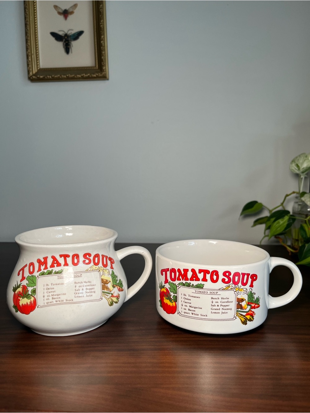 Set of 2 Vtg ceramic tomato soup recipe bowls mug with illustrated ingredients